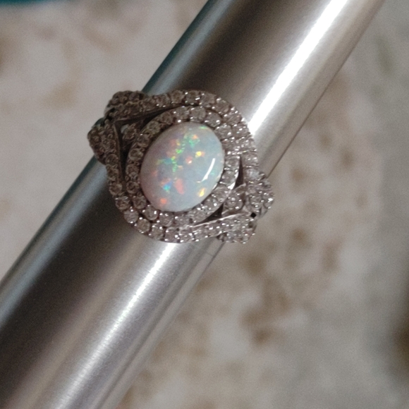 SJD 925 Opal and Diamond Pavers Ring Size 8 - Picture 8 of 11